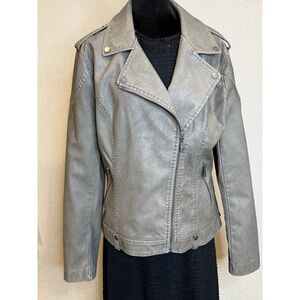Women's Putty Faux Leather Moto Biker Jacket Asym Zip Silver Hardware Lined